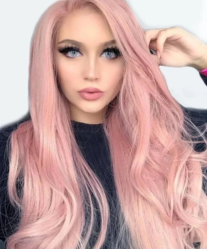Glueless Wig Peruvian Remy Human Hair Pink Color Front Lace Wig Pre