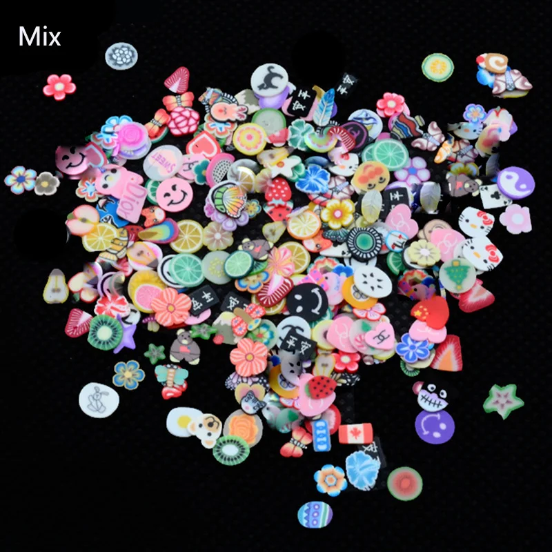1000pc/bag Nail Art Decorations Fruit Flower Cartoon Smiley Heart Feather Animal Fimo 3d Manicure Polymer Clay Nails Sticker New