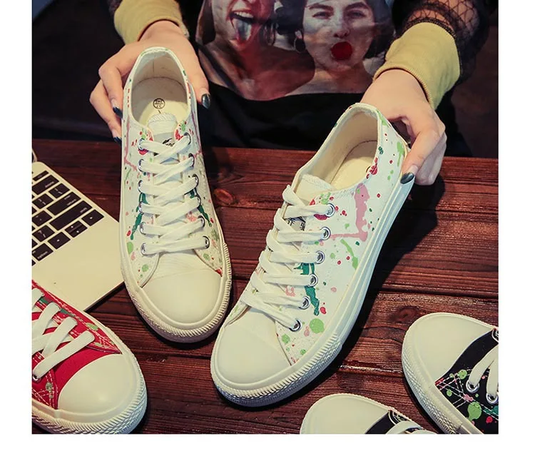 Vulcanize Shoes Women Hand-painted Canvas Cute All-match Leisure Footwear Womens Breathable Walking Students Flat Ladies White