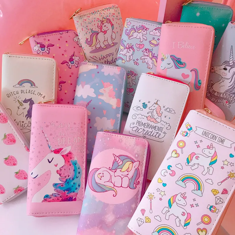 

Women Wallets 2019 Unicorn Series Long Wallet Cartoon Pu Student Purses Mobile Bag Girls New Cute Pink Zipper Clutch