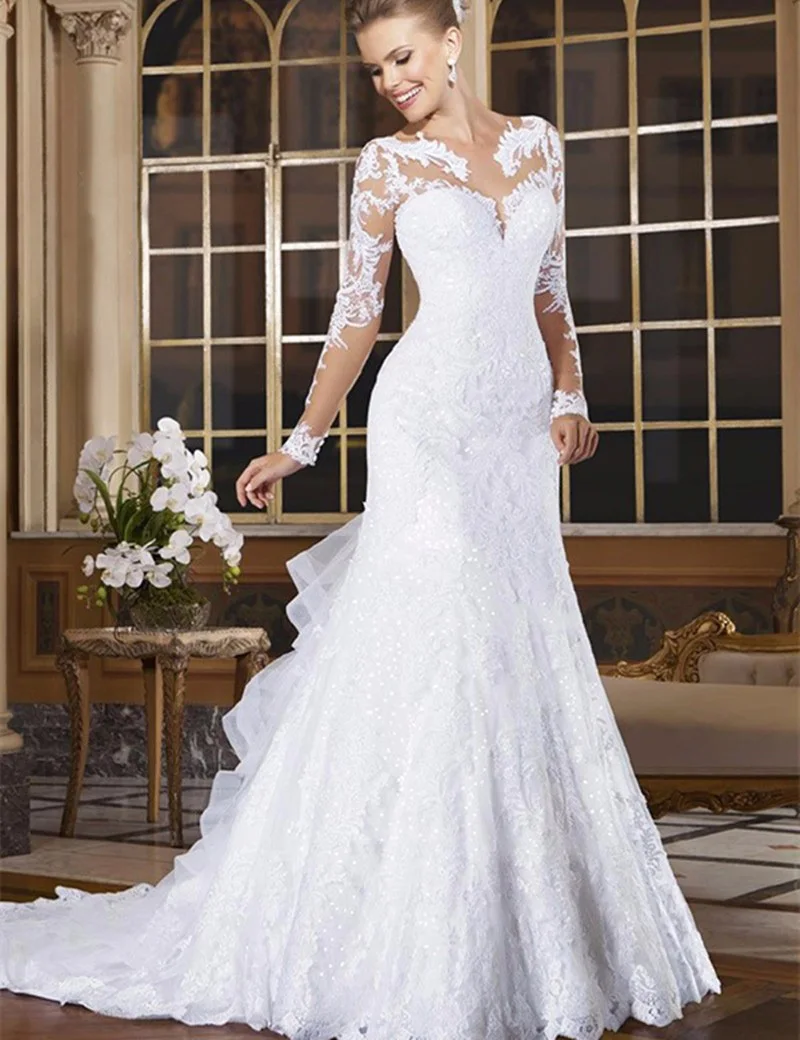 

Sexy 2015 Mermaid Wedding Dresses Romantic Appliques Lace Bride Dresses Button Back Long Sleeve Vestido De Noiva