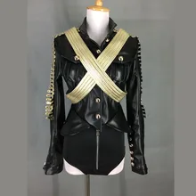 Новая модная черная кожаная одежда с длинными рукавами Женский певец костюм ds dj сексуальная одежда театральное представление комплект одежды