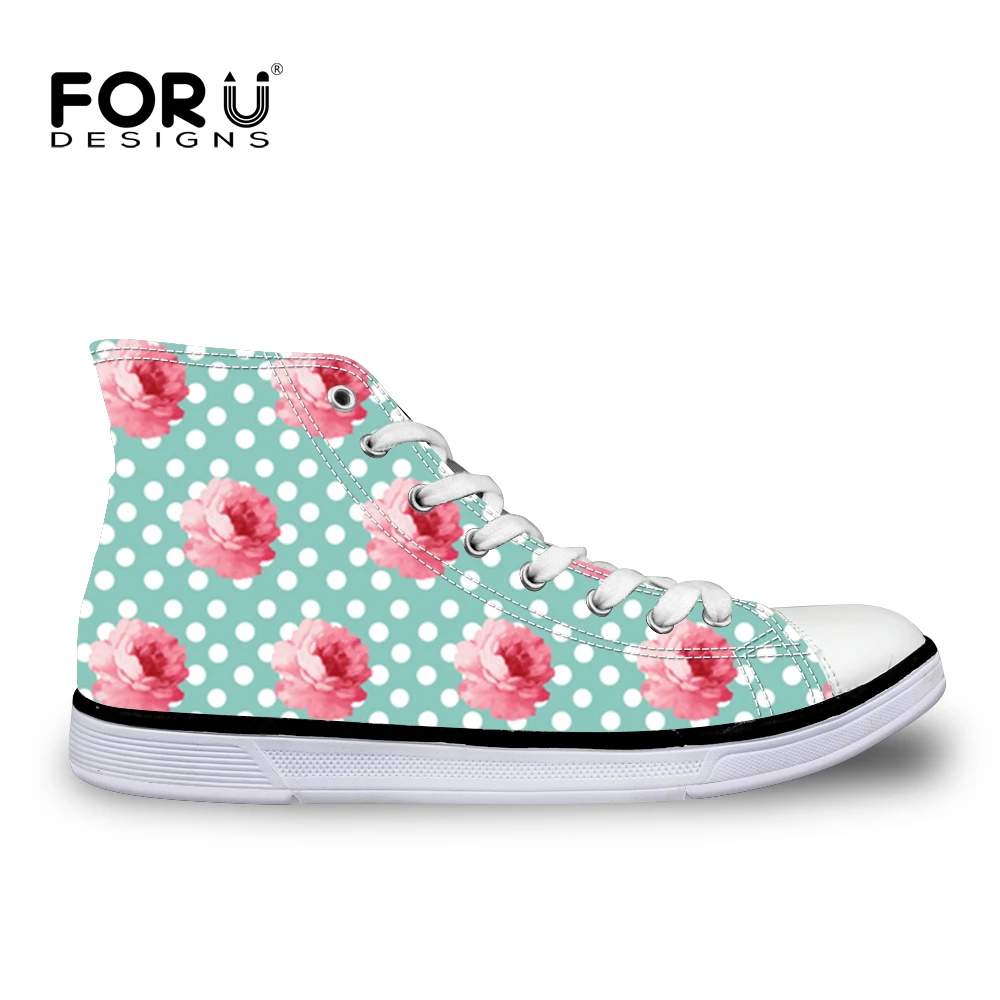 

FORUDESIGNS Vintage Pink Flower and Dots Women Vulcanize Shoes Autumn for Ladies Casual High Top Canvas Shoes Adult Espadrilles