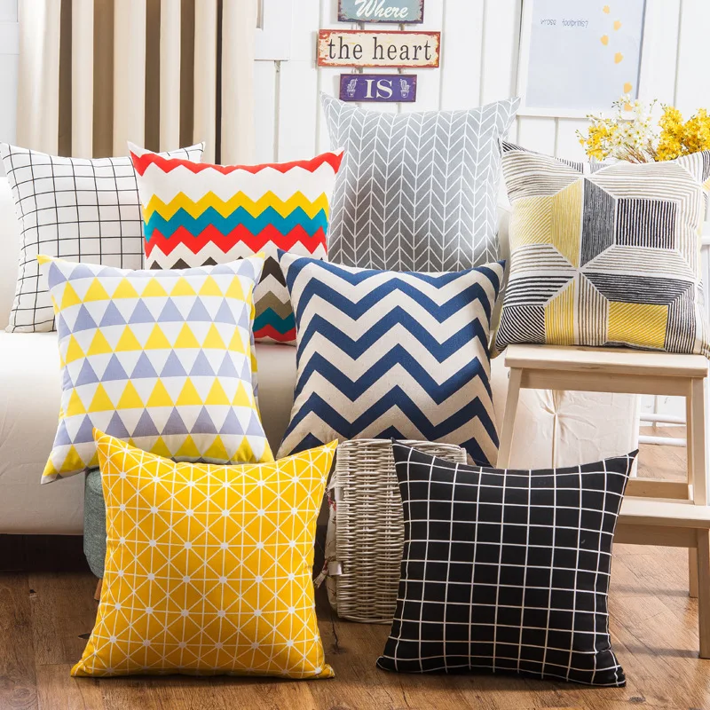 

Fashion Modern Geometric Zigzag Chevron Checked Linen Decorative Pillow Covering Seat Car Cushion Throw Cover Yellow Gray Black