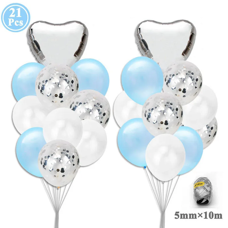 Синие серебряные латексные фольгированные воздушные шары в форме сердца с днем рождения, украшения для детской вечеринки, баллон гелия, товары для маленьких мальчиков 1, 2, 3, 4, 5, 6 лет - Цвет: 21pcs silver blue