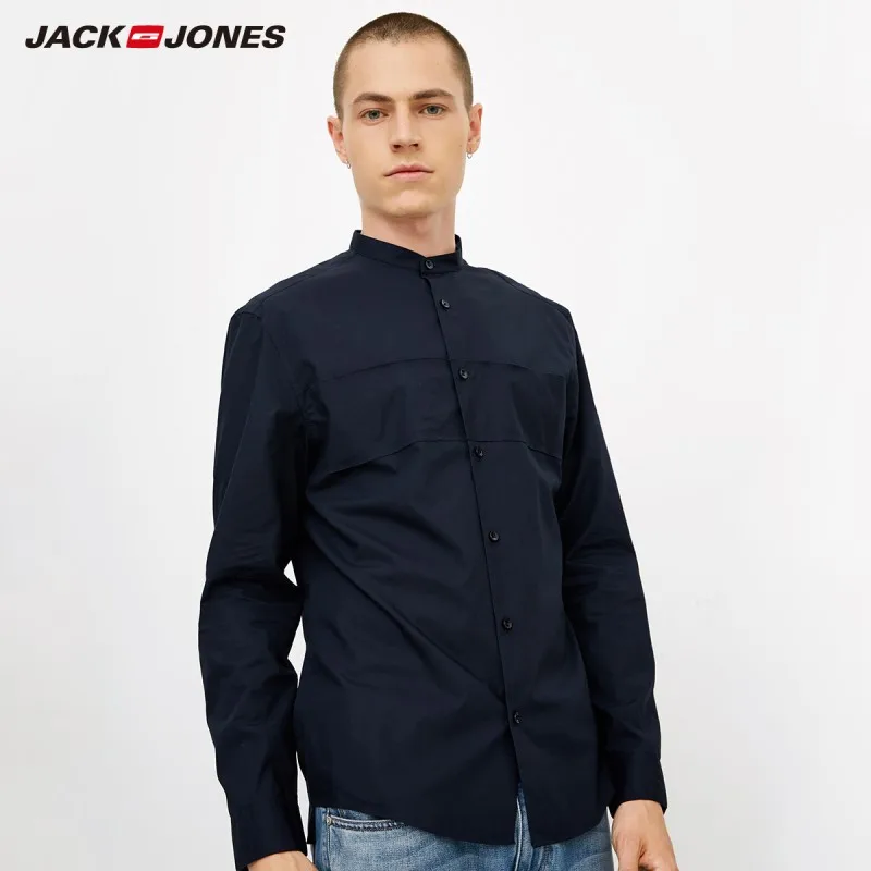 JackJones Мужская хлопковая Повседневная рубашка с воротником-стойкой с длинными рукавами Мужская одежда | 218305520