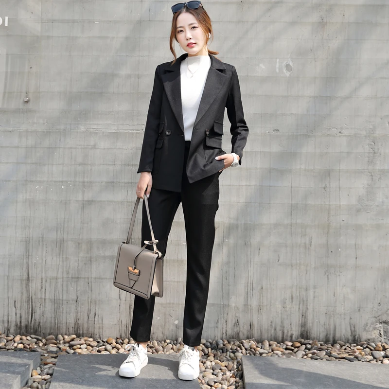 Women Work Pant Suits OL 2 Piece Sets Gray Blazer Jacket & Zipper