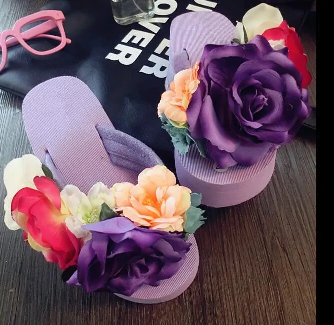 

2017 Women Sandals Fashion Purple rose Flower Summer Sandals Wedges Flip Flops Platform Slippers Shoes Purple slippers