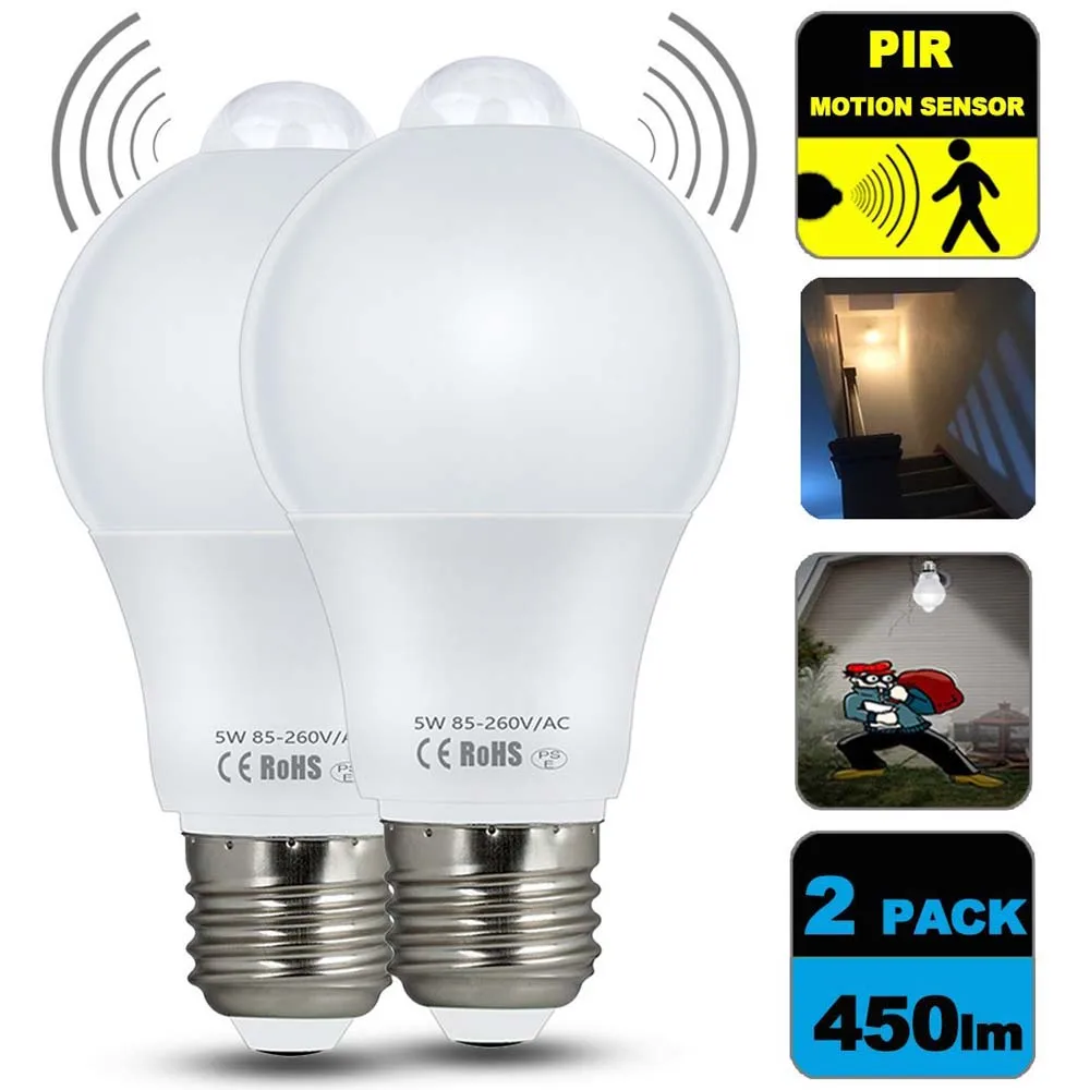 2x Motion Sensor Light Bulb 5W Smart PIR Detector Dusk to Dawn Night