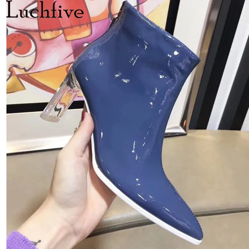 

Runway design Short Boots for women wine red blue transparent clear PVC high heels shiny patent leather crystal Ankle Boots