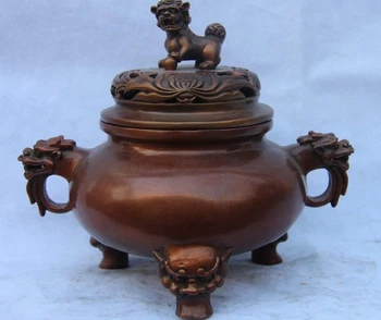 

China Palace Pure Red Copper Foo Dog Lion Dragon Head Incense Burner Censer