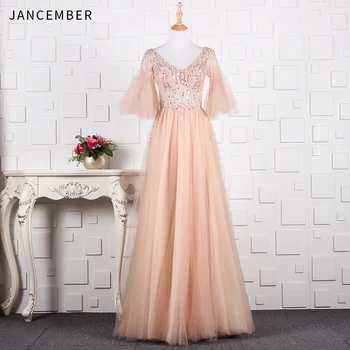 

JANCEMBER Luxury evening dresses Beading Crystal Ruched Sequined Half Sleeve Illusion V-Neck A-Line Court Train vestido formal