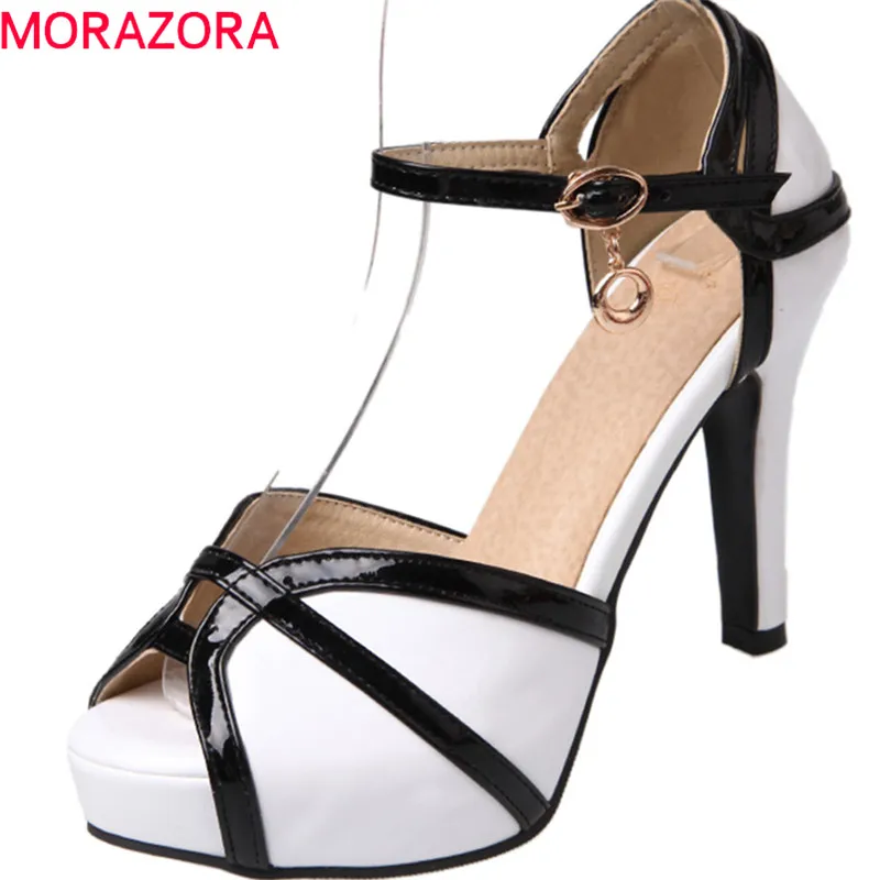 online MORAZORA 2018 novas mulheres sandálias da moda verão sapatos de festa cor splice simples fivela doce peep toe sexy sapatos de salto alto