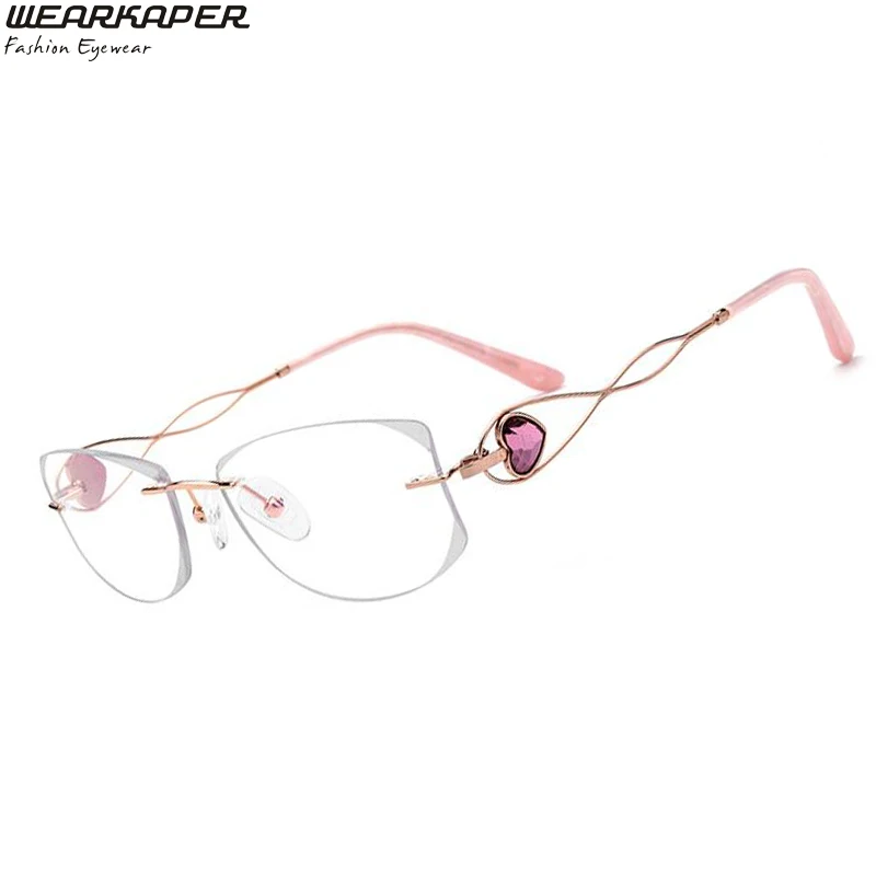 

WEARKAPER 100% Pure Titanium Glasses Frame Women Luxury Super High Quality Diamond Trimming Cut Rimless Prescription Spectacles