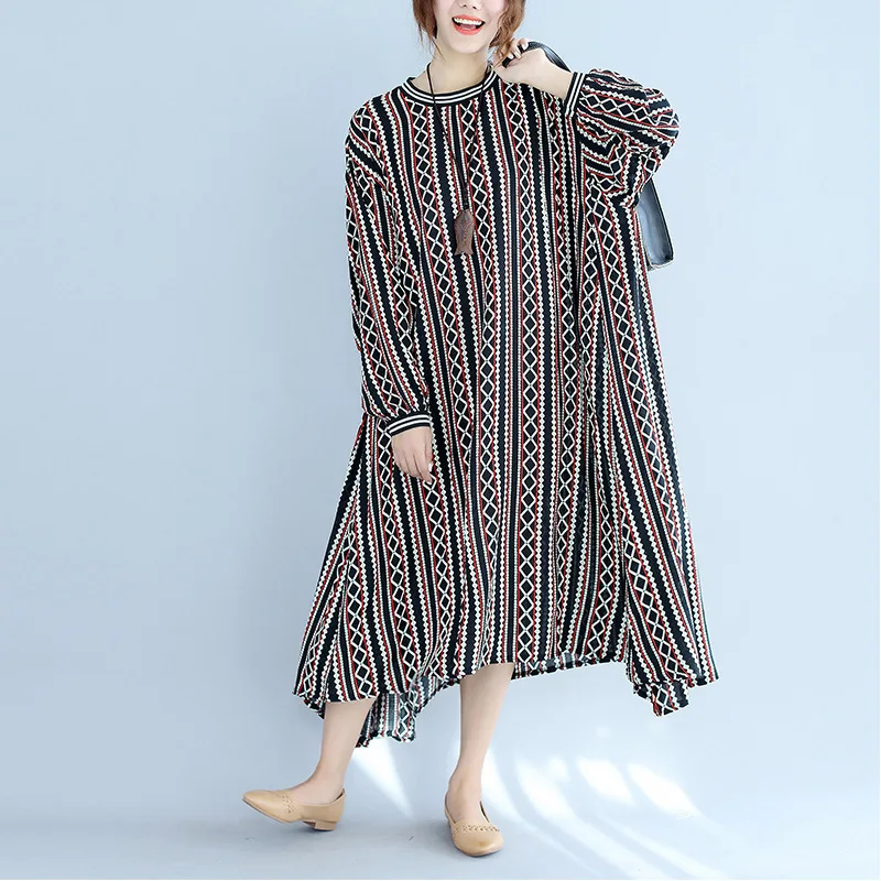 

[EWQ] 2019 Spring Autumn New Pattern Round Collar Long Sleeve Plaid Patchwork Pullovers Casual Loose Dress Women AG49609