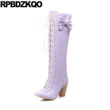 Женские ботинки зима г. Осенняя обувь до колена на шнуровке с круглым носком длинные туфли в стиле Лолиты на каблуке 10 фиолетового цвета с массивным узким японским бантом