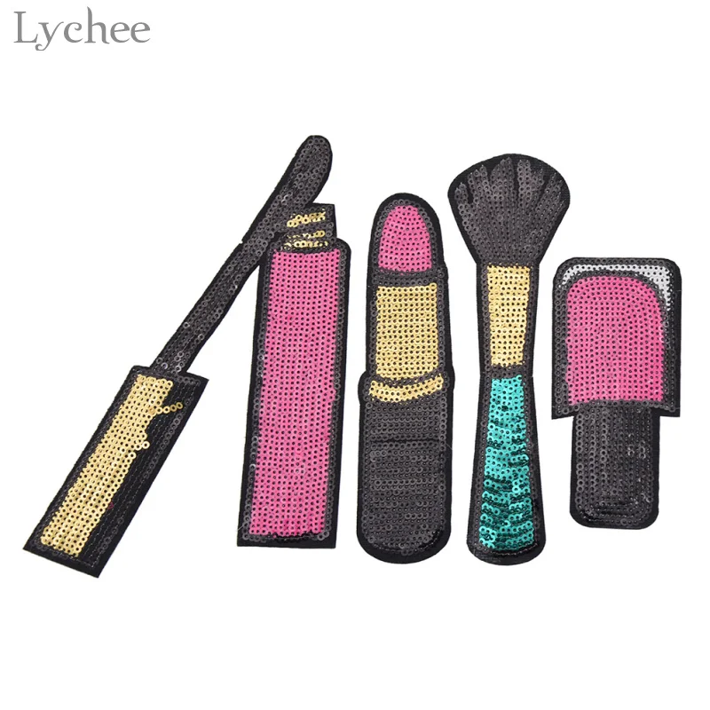 

Lychee 1 Set Sequined Lipstick Nail Polish Iron On Patches Applique Embroidered Fabric Badges Jeans Decoration