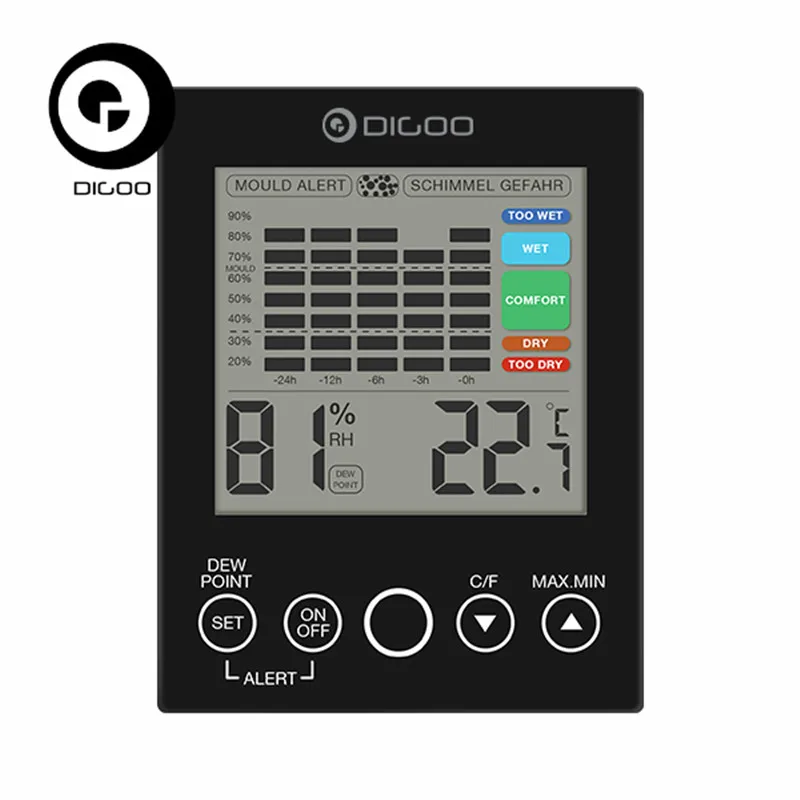 

Digoo DG-TH2048 Home Comfort Indoor LED DEW Point Temperature Humidity Senor Mould Alert Gefahr Detector