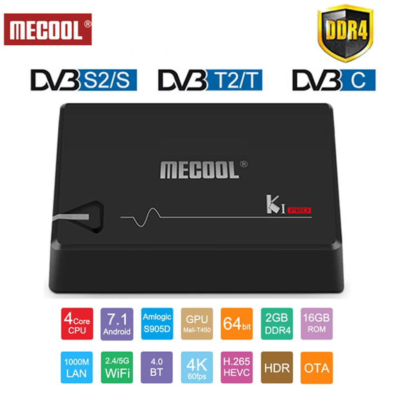 Mecool KI PRO Android 7,1 ТВ Box Amlogic S905D 4 ядра 64 бит DVB-T2 DVB-S2 DVB-C 2 Гб DDR4 16 Гб Встроенная память Smart Декодер каналов кабельного телевидения ТВ коробка