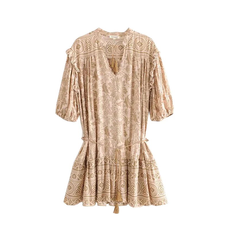 

GYPSY Boho Chic Summer Vintage Floral Print Ruffled Mini Dress Women Fashion V Neck Lace Up Tassel Beach Dresses Vestidos Mujer