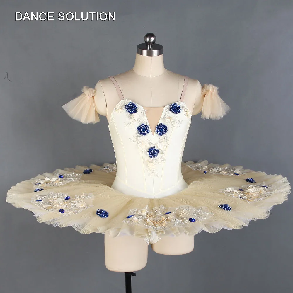 Ночная рубашка из спандекса цвета шампанского с голубой аппликацией, профессиональная балетная пачка, платье для женщин и девочек, костюмы для балерины BLL136 - Цвет: Champagne