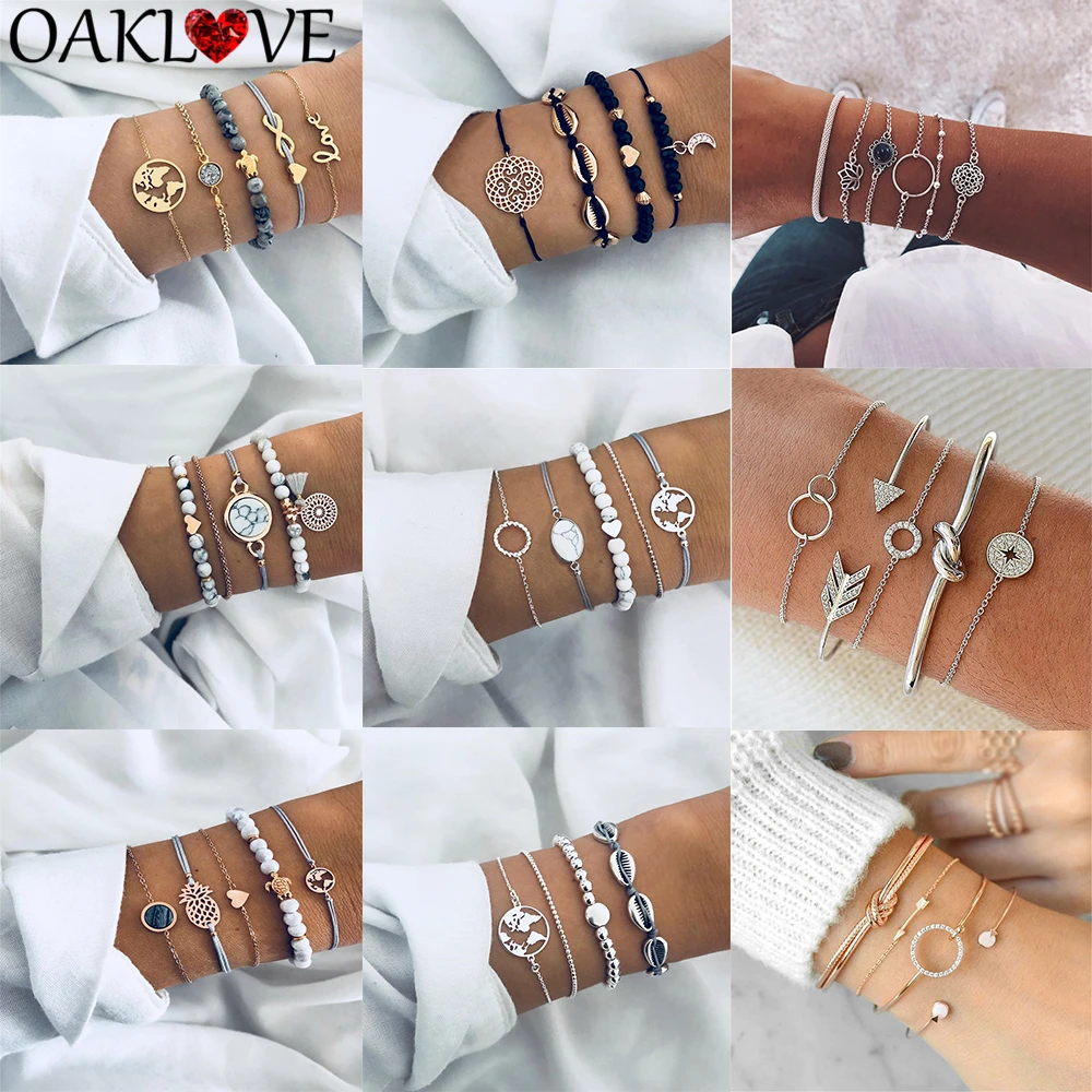 

4pcs 5pcs 6pcs/set Classic Letter World Map Turtle Flower Star Bracelet Sets Adjustable Open Bracelet Set Women Fashion