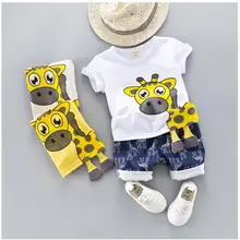 Новинка года; летние комплекты одежды для маленьких мальчиков и девочек; Одежда для младенцев; костюмы; футболка с рисунком жирафа; шорты; Детские комплекты одежды