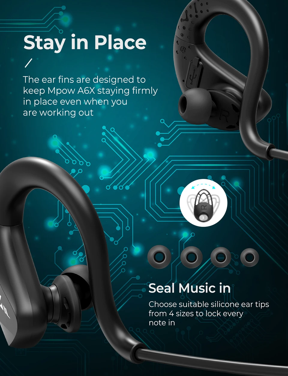 Mpow A6X Wireless Headphones Bluetooth 5.0 Sport Earphone IPX6 Waterproof Earphones With Bass+ 9 Hours Playtime For iPhone X 7 6 (4)
