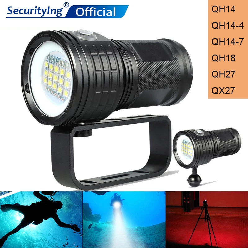 

SecurityIng 300W Fitteen 5050 White Light XML2 Six XPE Red R5 Blue R5 LED Spherical Support Underwater 80m Flashlight for Diving
