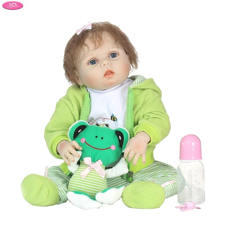 

22in Newborn Lifelike Full Silicone Baby Doll Cartoon Clothes Stripes Pants Coat Hair Clip Frog Toys Early Childhood OCT31