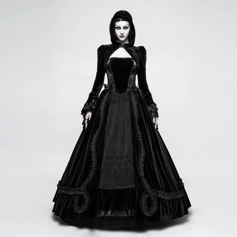 PUNK RAVE Gothic Bolero Velvet Shrug Black Woman Little Jacket Thick Short Coat with Hat Novelty Design Hoodie for Winter
