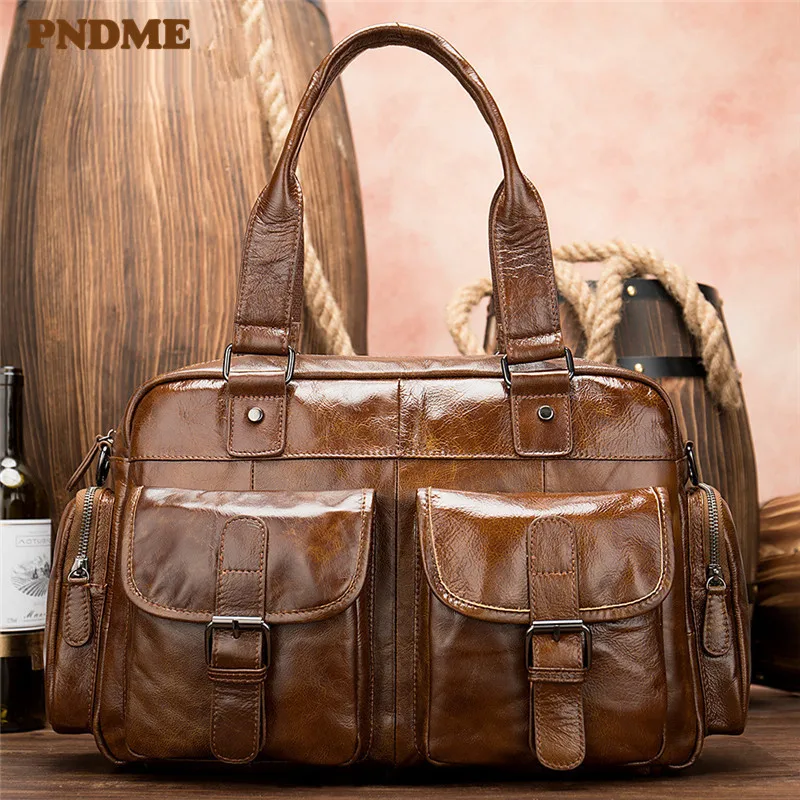 

PNDME retro fashion soft genuine leather men's women's travel bag casual simple handbag outdoor large capacity luggage bag