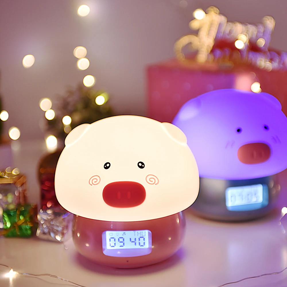 3 in 1 Pig LED Night Light with Alarm Clock Recorder Remote Touch Sensor Colorful USB Silicone Children Kids Baby Bedside Lamp (4)