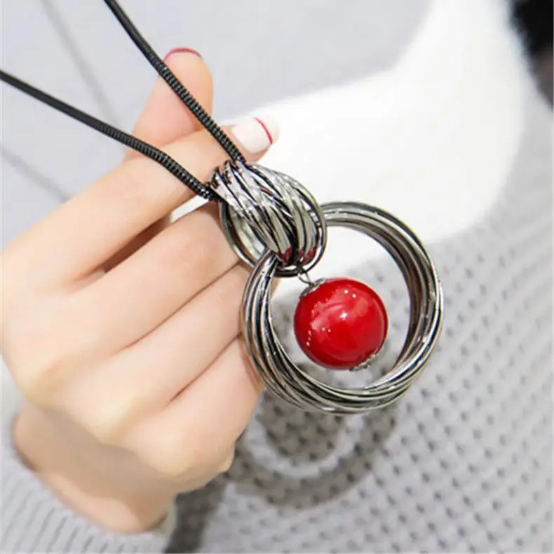 

Red White Pearl Ball Pendant Long Necklaces New Circles Simulated Women Black Chain Maxi Necklace Fashion Jewelry Wholesale Gift