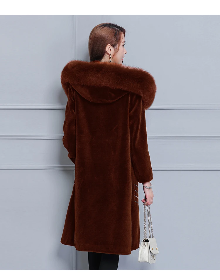 6916 5XL Plus Size Faux Fur Coat with Hood Women Elegant Winter Wool Jacket Fox Fur Collar Luxury Warm Long Winter Coat Women 2018 5