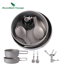Boundless Voyage Outdoor Titanium Pot Pan Spoon Spork Stove Set  Camping Hiking Cooking Burning Set With Folding Handle 