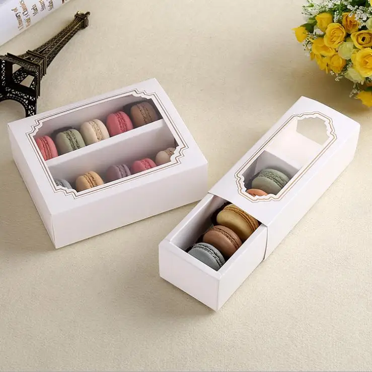 20pcs/lot White Macaroon paper Drawer box packing with PVC window,Wedding/Birthday party Biscuits gift boxes for guests