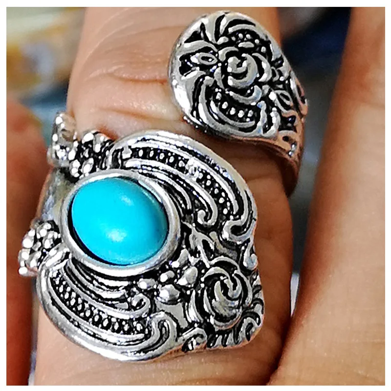 

Personalized Vintage Natural Blue Turquoises Rings for Women Antique Silver Titanium Flower Finger Ring Men Punk Boho Jewelry