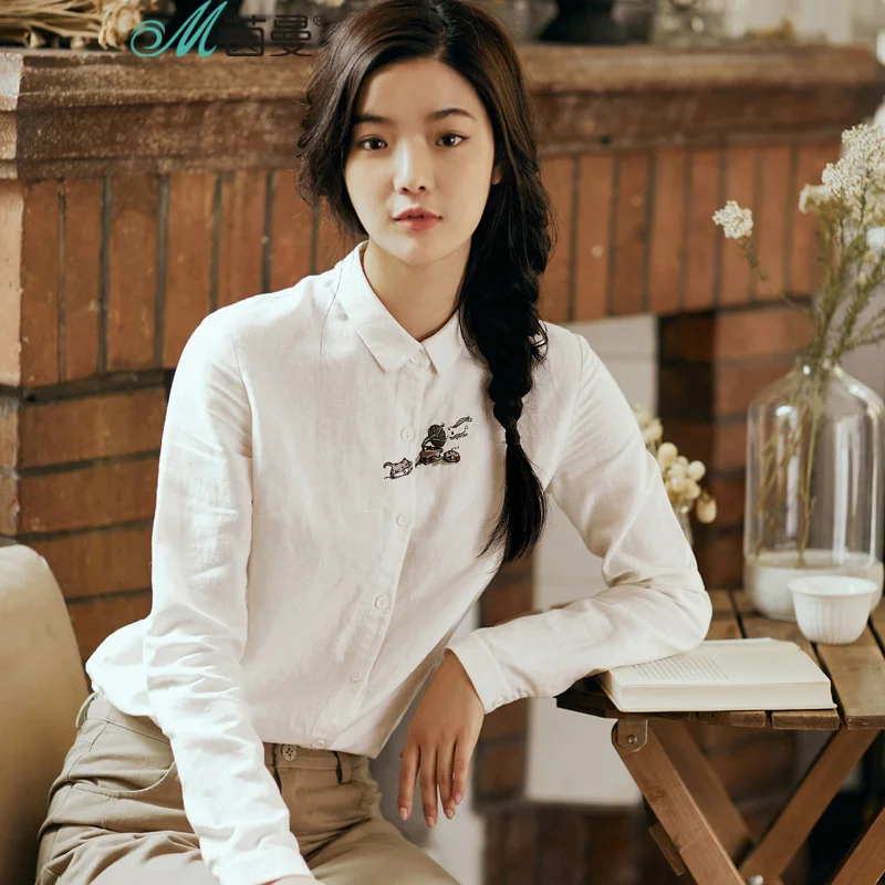 

INMAN Women's Autumn new Embroidered Florals Cotton and Linen Shirt Linen