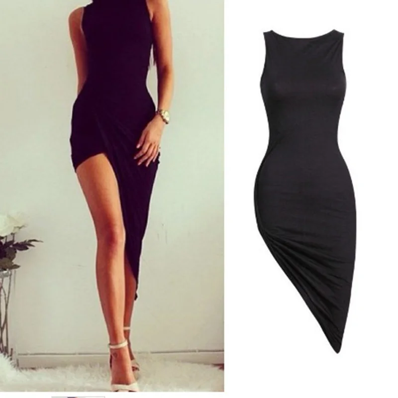 New Sexy Oblique Pendulum Summer Women Dress O Neck Solid Sleeveless font b Slim b font
