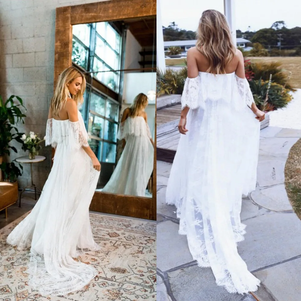 

Sumemr Beach Lace Off the Shoulder Backless Wedding Dress 2019 Boho Chic Wedding Dresses Bridal Gowns robe de mariage