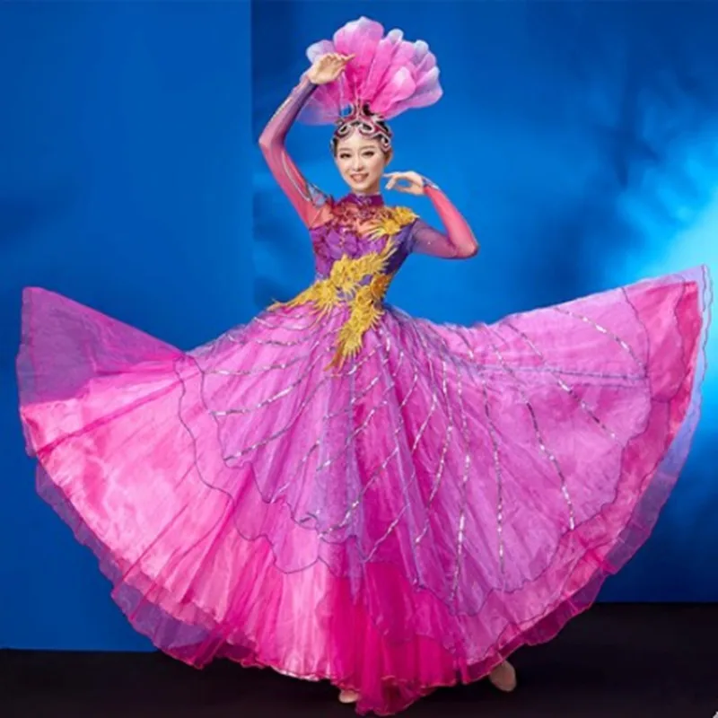 

purple long sleeve dance dress for women opening dance flower chinese folk dance festival performance clothing modern dance