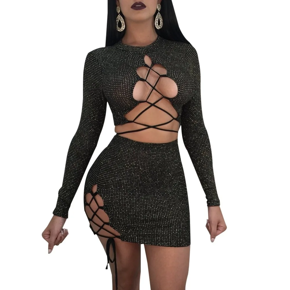 

Echoine Sexy Hollow Bandage Club Outfit Long Sleeve Skirt Set 2 Piece Set Backless Slim Bodycon Mini Skirt Evening Party Dress