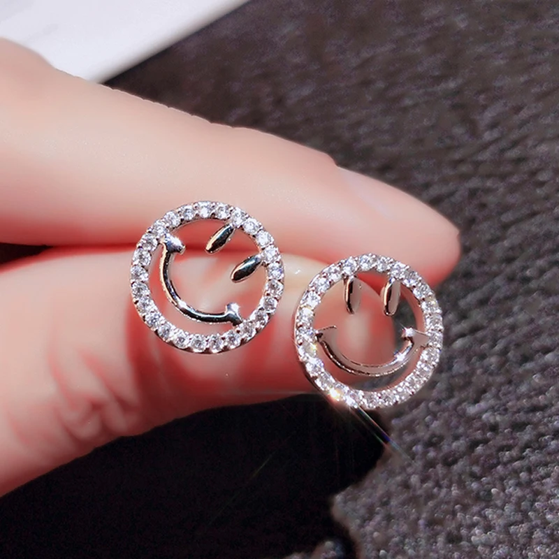 

Utimtree New 2019 Korean Lovely Women 925 Sterling Silver Smiley face Stud Earrings Jewelry Simple Round CZ Zircon Earring Girl