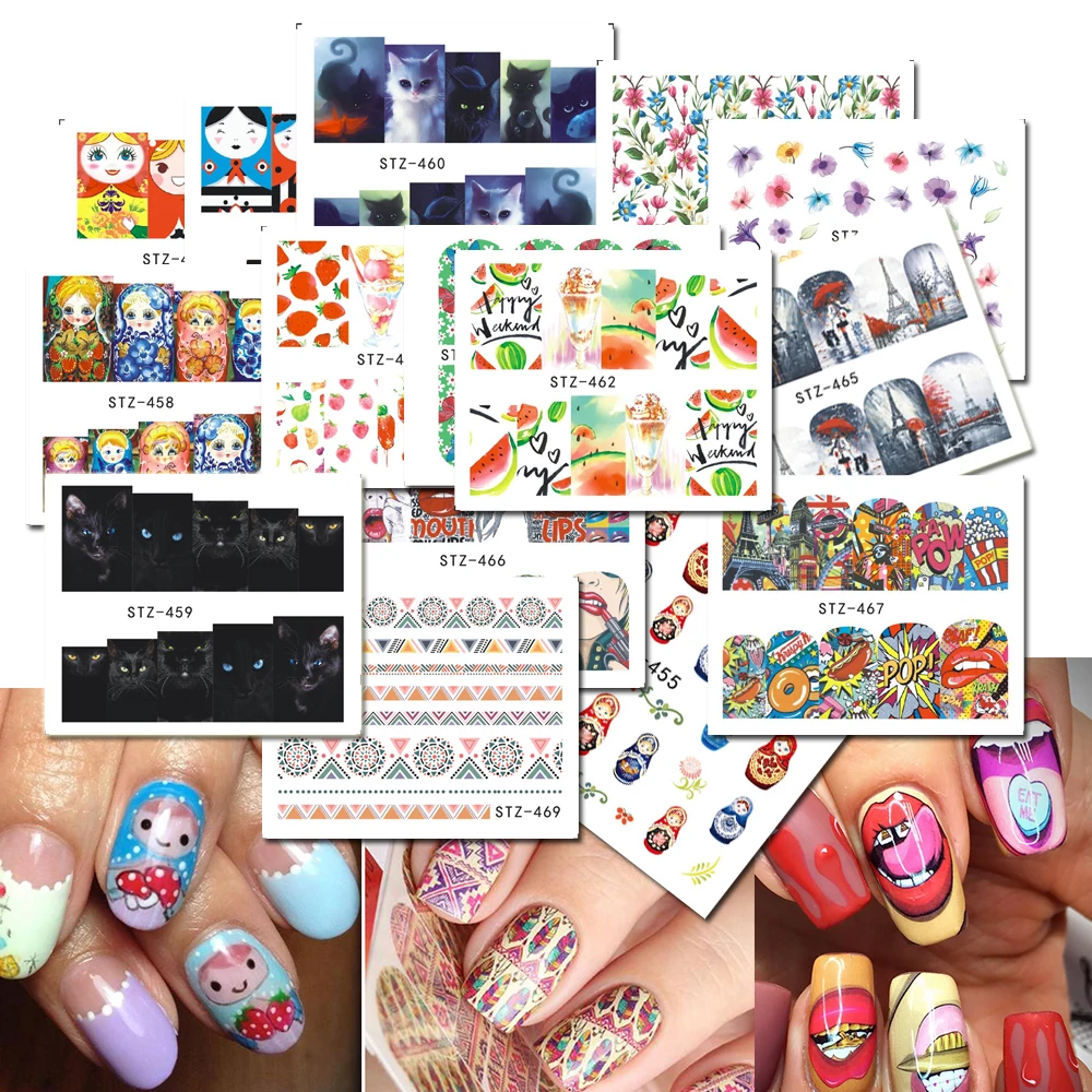 

15 Sheets Cat/Russian Doll/Fruit Pattern Nail Stickers Nail Art Water Transfer Decals Nail Tips Decoration Manicure LASTZ455-469