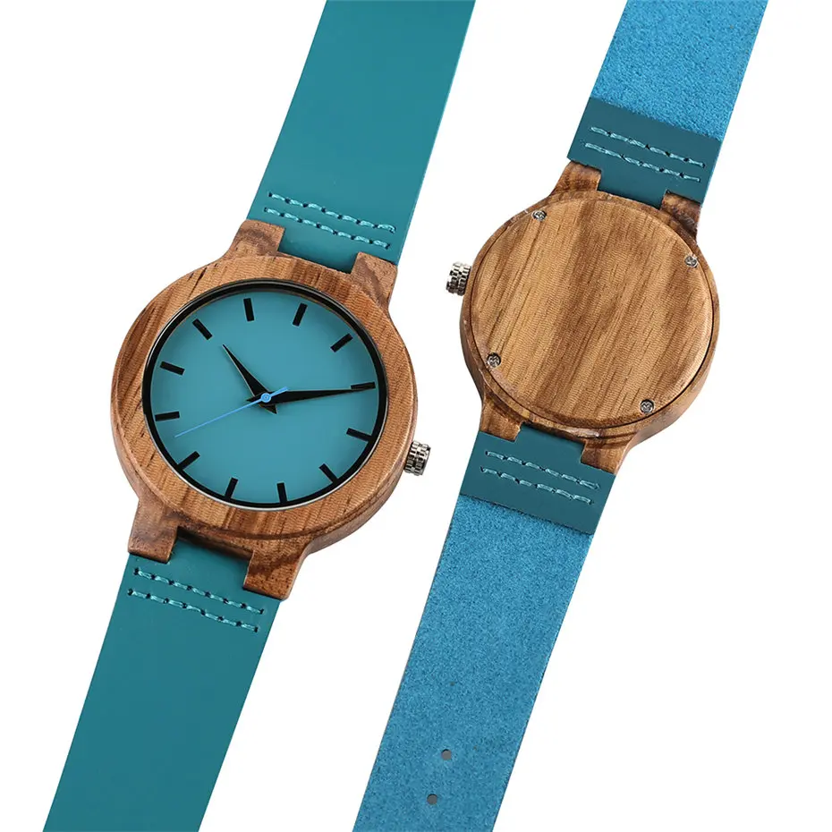 Mode Bamboe Hout Horloge Vrouwen Zebra Houten Blauwe Leren Band Mannen Horloges Creatieve Quartz Paar Klok Lover Geschenk Uurwerken