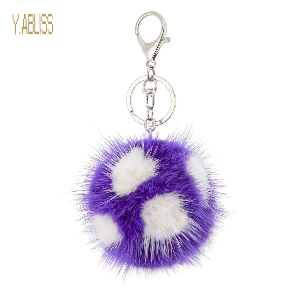 Real Mink Fur Football Keychains Fluffy Fur Pom Pom Keychain Sports