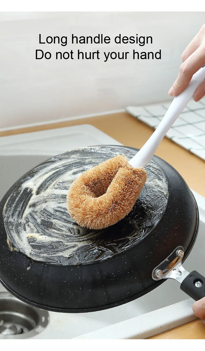 Natural Coconut Long Handle Cleaning Brush Non-stick Oil Pot Brushes Dish Washing Oil Kitchen Cleaning Brush 4 Colors  (12)