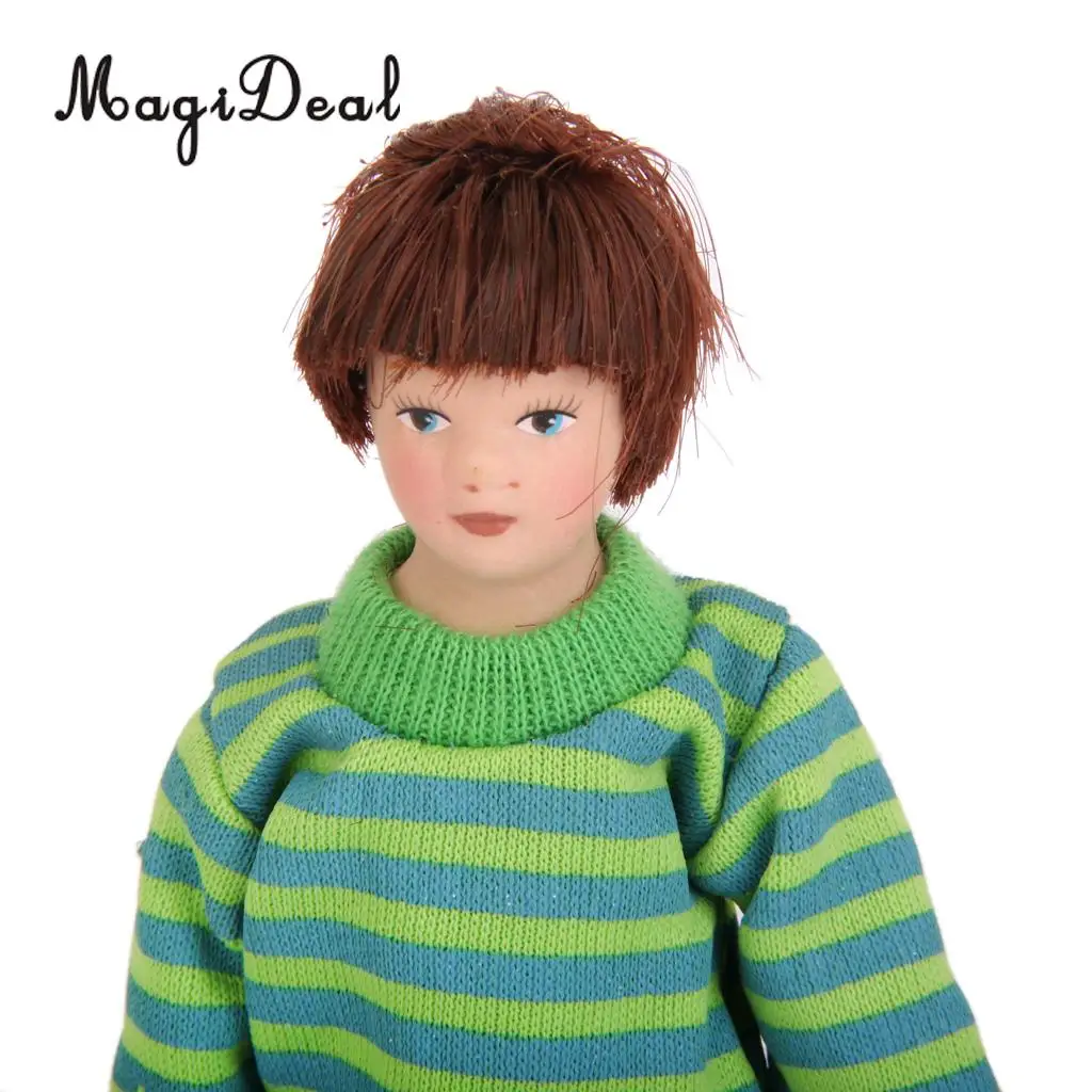 1/12 Scale DollHouse Miniature Figures Porcelain Dolls Brown Hair Little Boy for Home Bedroom Desk Decor Children Kids Baby Toy