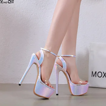 

Snake pattern 16CM high heel sexy women sandals peep toe ankle strap platform sandals shoes size 34-40